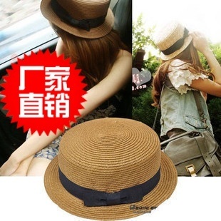 Hat female summer sunbonnet flat strawhat bow sun hat beach sun hat folding outdoor