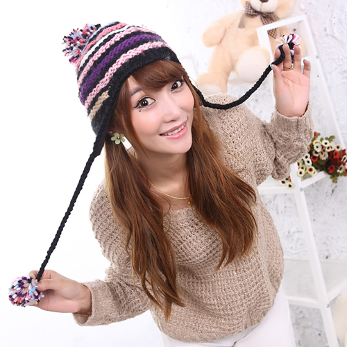 Hat female sweet candy color hat knitted color block decoration stripe knitted ear hat