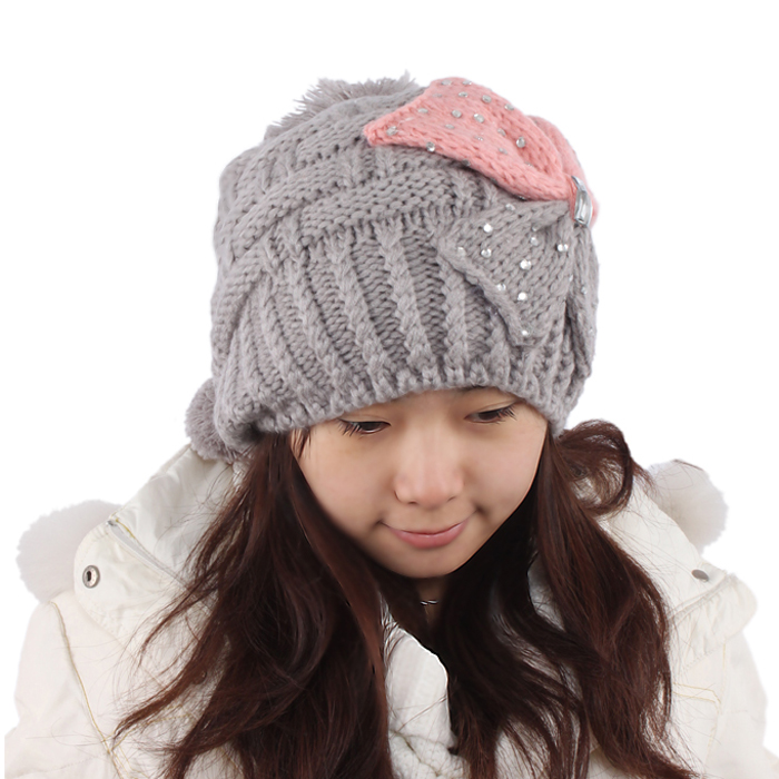 Hat female winter bow diamond knitted hat hair ball female hat
