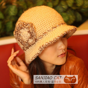 Hat female winter knitted hat flowers exquisite bordered fashion thick double set hat