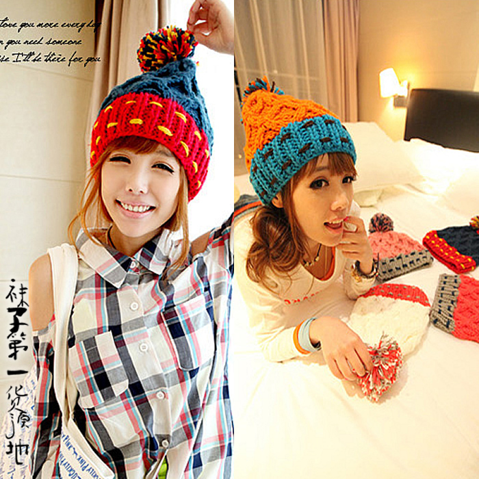 Hat female winter thermal handmade color block all-match large sphere knitted hat