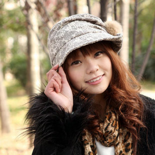 Hat millinery spring and autumn rabbit fur ball woolen beret female autumn and winter lace