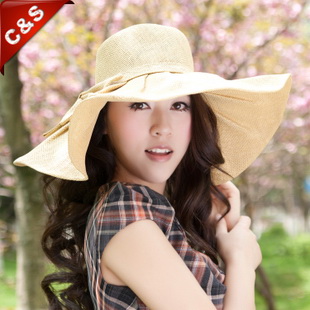 Hat strawhat big bow big along strawhat sunbonnet outdoor hat millinery