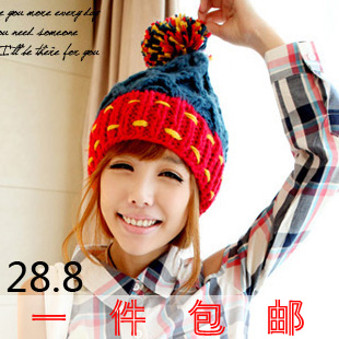 Hat winter fashion wool ball women's two-color thermal knitted hat handmade knitted hat