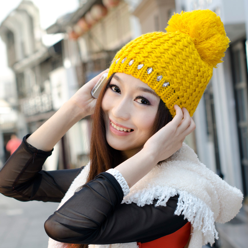 Hat winter thermal women's large sphere rough diamond knitted hat knitted hat