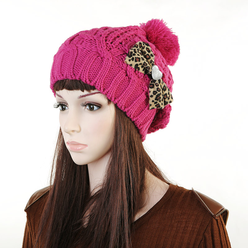 Hat winter women's sphere leopard print bow knitted hat knitted hat