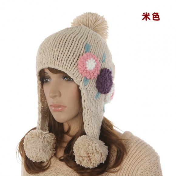 Hat women's autumn and winter solid color flower thickening thermal ear knitted hat knitted hat