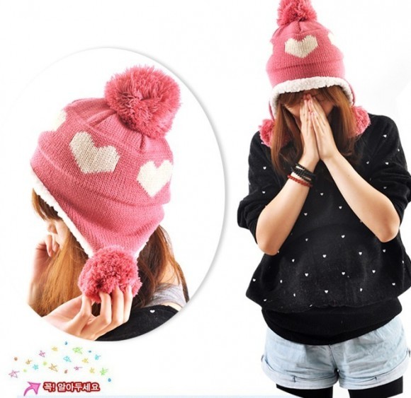 Hat women's sweet love hair ball knitted hat ear thickening thermal knitted hat