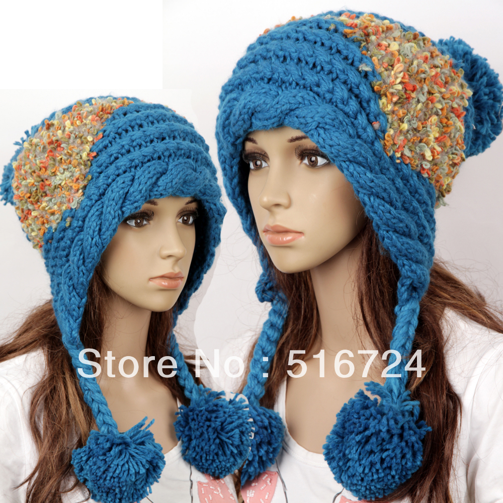 Hat women's winter thermal ear knitted hat macrospheric piles of hat