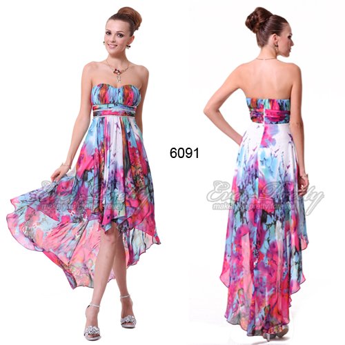 HE06091PK  Free Shipping Padded Floral Printed Empire Waist Ruffles Chiffon Evening Dress