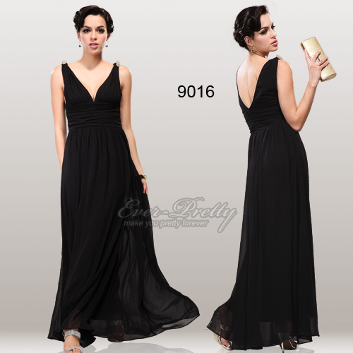 HE09016BK Free Shipping Ever-Pretty Double V Black Elegant Evening Dress