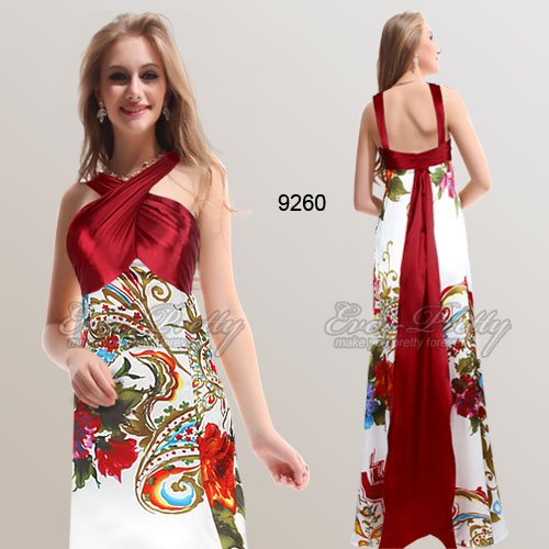 HE09260RD Free Shipping Floral Printed Crossed Straps Splited Reds Evening Party Gowns