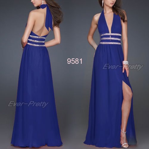 HE09581BL Free Shipping Plunge V Neck Blue Open Back Halter Sequins Padded Prom Dress
