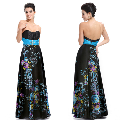 HE09620BK Free Shipping New  Black Satin Rhinestones Floral Printed Strapless Evening Dress