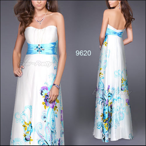 HE09620BL Free Shipping New Strapless Rhinestones Floral Printed Evening Dress