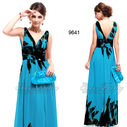 HE09641BL Fashion Ladies' Dress 2013 V-neck Floral Printed Evening Dress