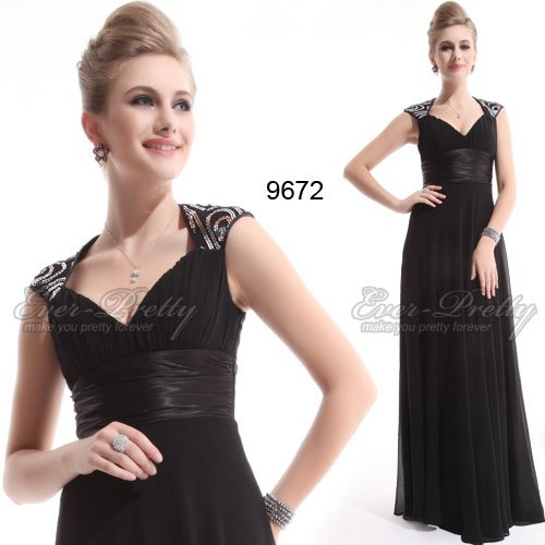HE09672BK  Free Shipping V-neck Black Sequins Chiffon Ruffles Empire Line Evening Dress
