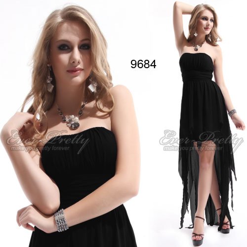 HE09684BK Free Shipping Nwt Black Ruffes Strapless Asymmetric Hem Padded Prom Dress