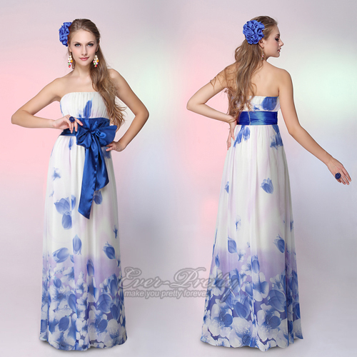 HE09687BL Strapless Floral Printed Empire Line Bow Chiffon Evening Dress