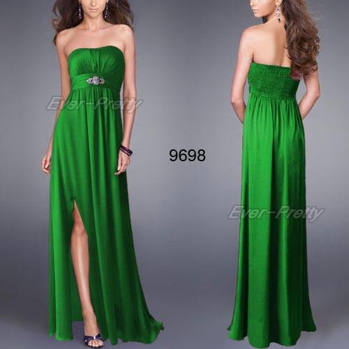 HE09698GR Free Shipping Strapless Diamante Green Ruffles Split Empire Line Evening Dress
