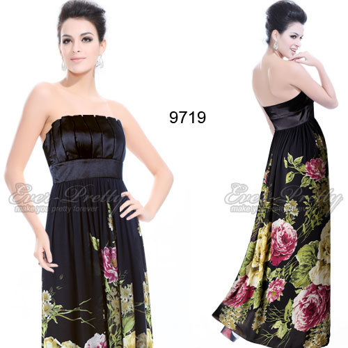 HE09719BK Free Shipping Strapless Floral Printed Empire Line Padded Evening Dresses