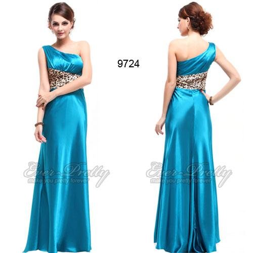HE09724BL Blue Satin Padded Asymmetric One Shoulder Leopard Printed Prom Dress Free Shipping