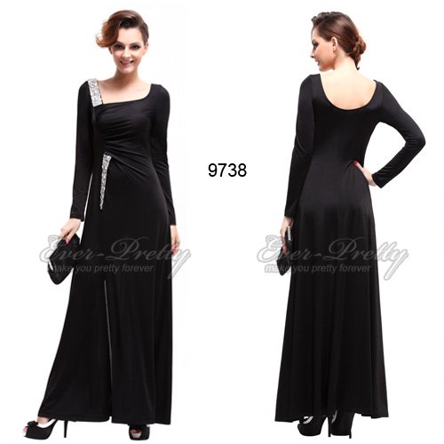 HE09738BK Blacks Long Sleeve Rhinestones Sequins Split Evening Dress