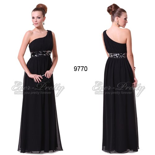 HE09770BK Free Shipping Sequins Empire Waist Black Ruffles Padded Chiffon Evening Dress