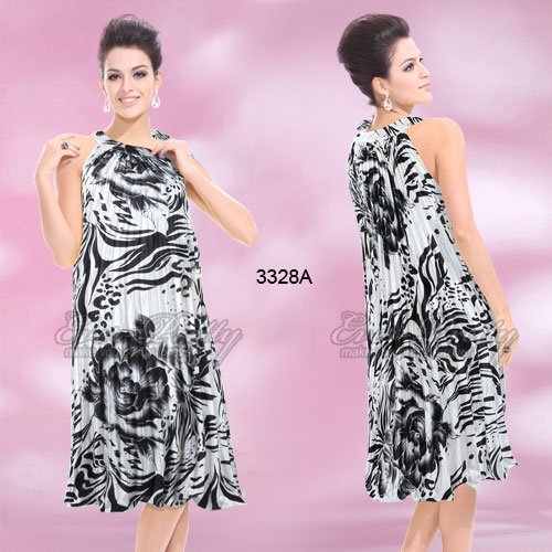 HE3328AWH Halter Floral Printed Round Neck Calf-length Casual Dress
