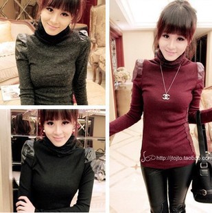 Heap turtleneck patchwork leather of sidepiece transparent lace basic shirt