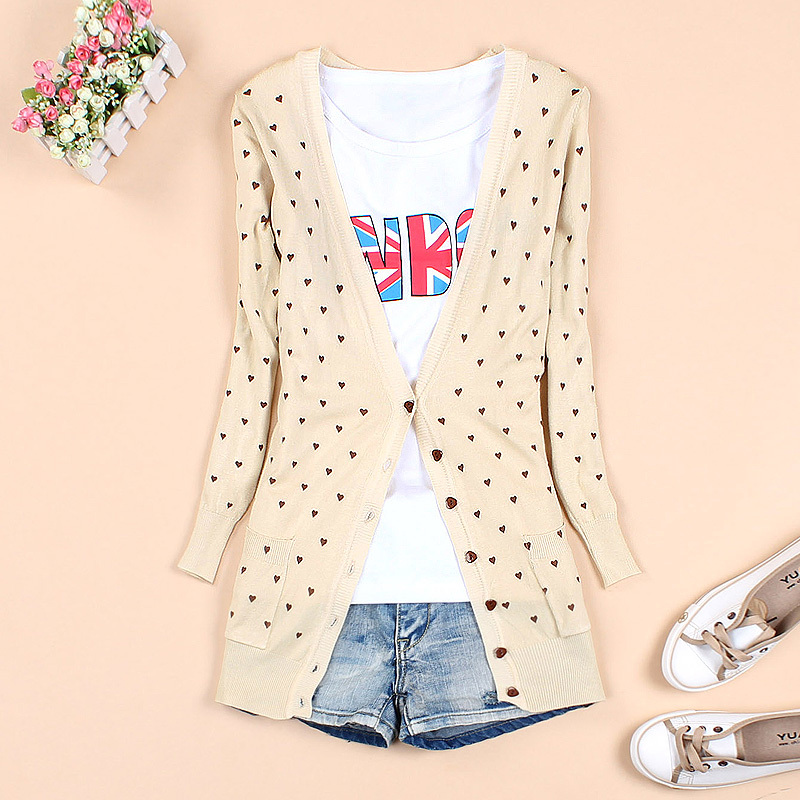 Heart pattern sweet sweater long design knitted sweater cardigan women's long-sleeve women's spring and autumn 0313