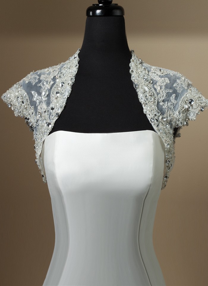 Heavily beaded tulle sleeveless bolero Cap Sleeves Bridal Wraps Wedding Jacket A011