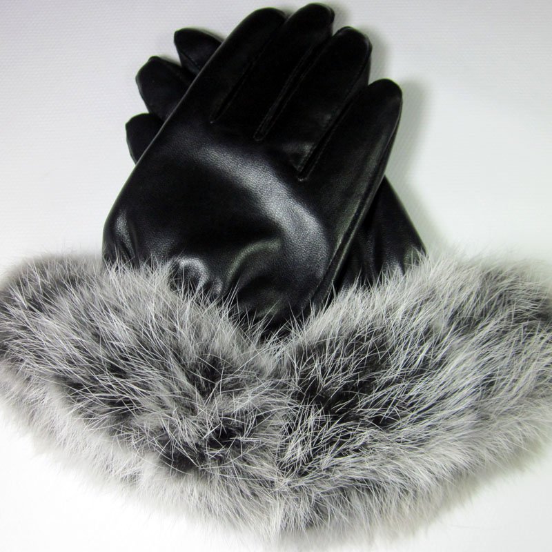 Heavy hair mouth PU leather gloves female winter warm fashion simulation leather gloves female soft rabbit wool gloves female