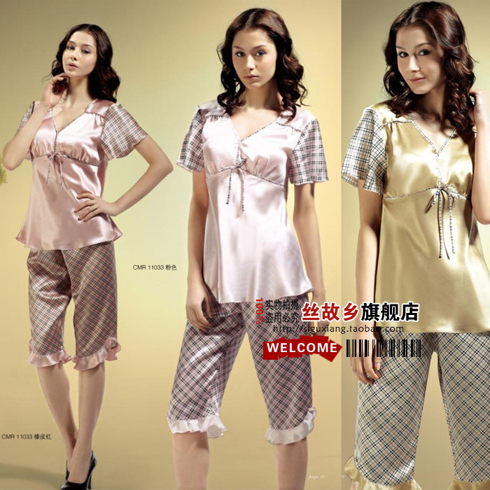 Heavy silk sleepwear female mulberry silk ruffle short-sleeve capris twinset