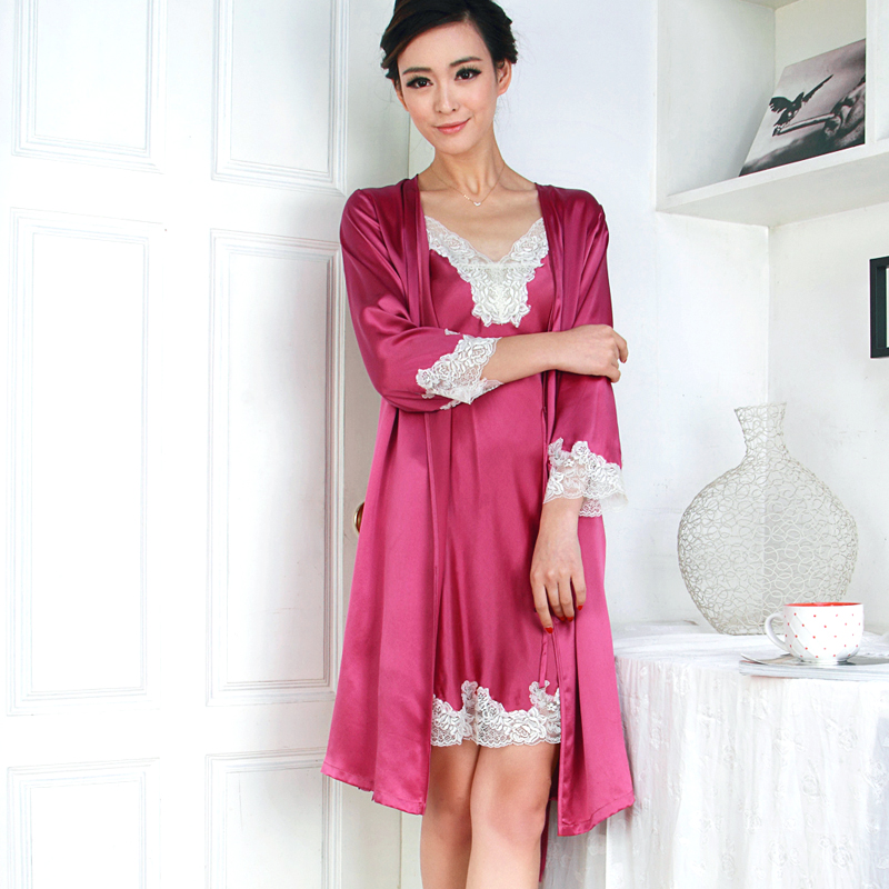 Heavy silk sleepwear lounge female laciness robe spaghetti strap twinset mulberry silk 1218