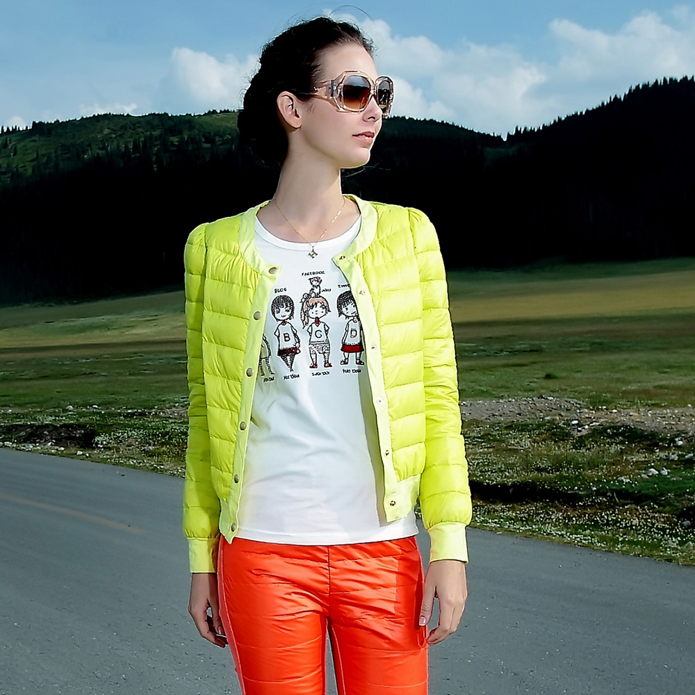 Hehehei 2012 winter single breasted thin collarless short design slim down coat female