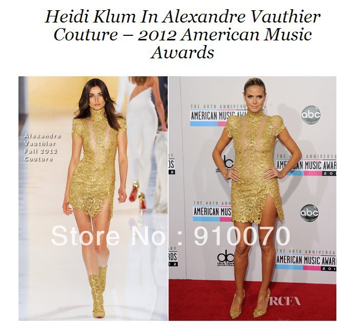 Heidi Klum In Alexandre Vauthier Couture Mini Short sleeve Gold Lace Celebrity Dress