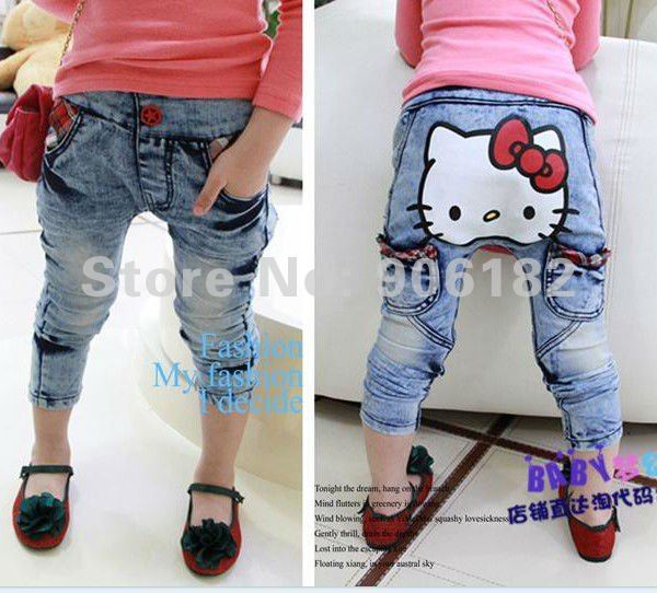 hello kitty jeans baby girl cartoon jeans pant export high quality Children middle pant  leggings size:5-15#  free shipping