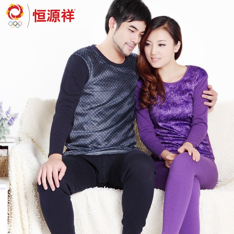 HENG YUAN XIANG beautiful velvet thickening plus velvet o-neck thermal underwear set male women's