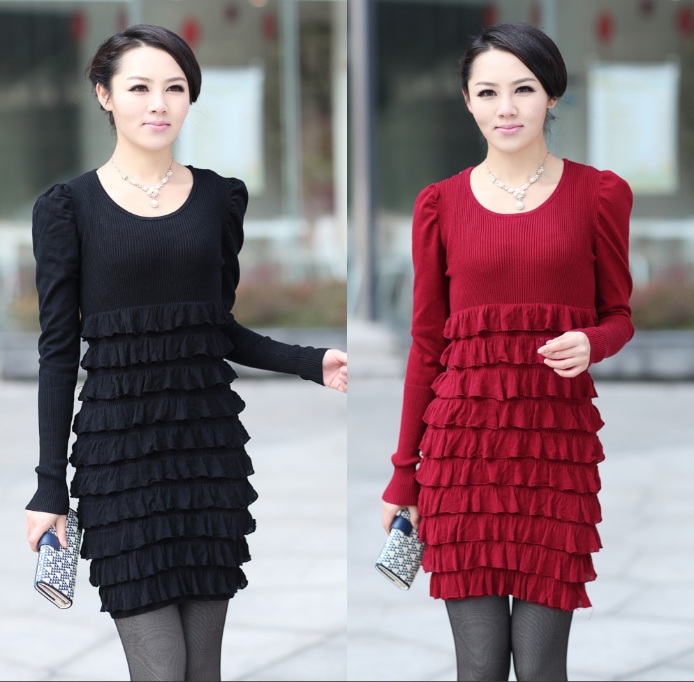 HENG YUAN XIANG female autumn and winter cashmere sweater long design slim low collar cashmere dress one-piece dress layered
