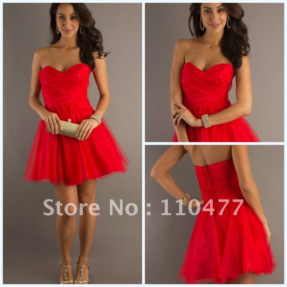 HG07 New Fashion Sweetheart A-line Ruched Short Organza Red Graduation Dresses