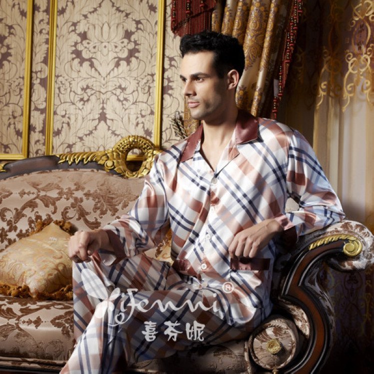 Hi Fanny fall men's plaid pajamas nightgown long-sleeved silk pajamas tracksuit box XXXL