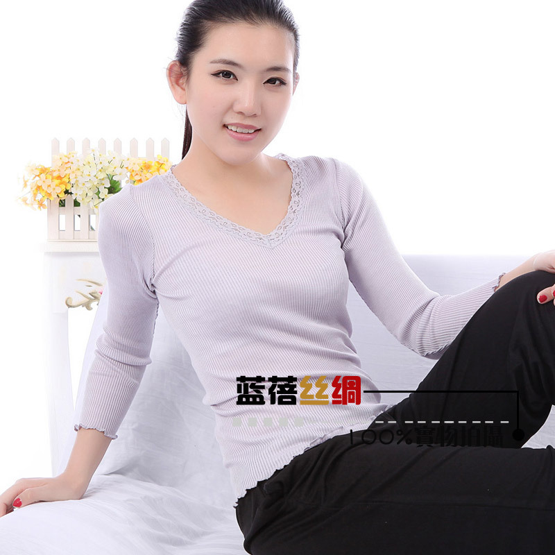 High-elastic slim basic seamless silk knitted long-sleeve V-neck lace decoration chromophous