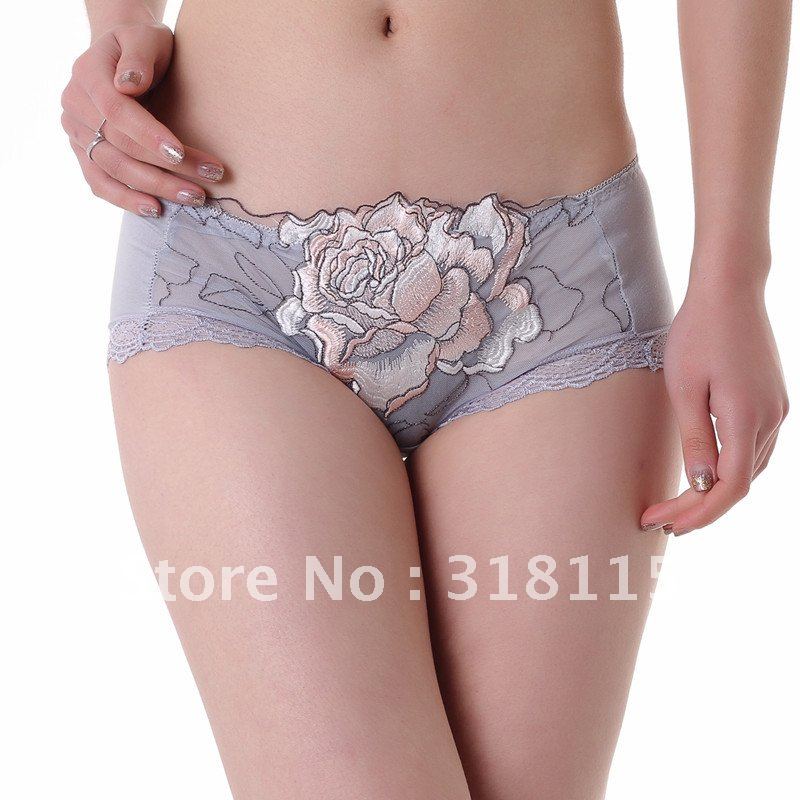 High-grade Bamboo Fiber Panties Peony Embroidery Sexy Lace Women's Underwear Briefs Knickers 900852-510008E Free shipping