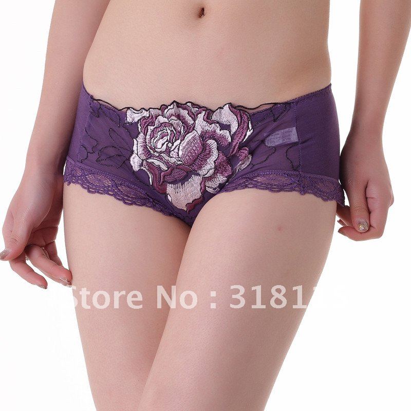 High-grade Bamboo Fiber Panties Peony Embroidery Sexy Lace Women's Underwear Briefs Knickers 900852-510008F Free shipping