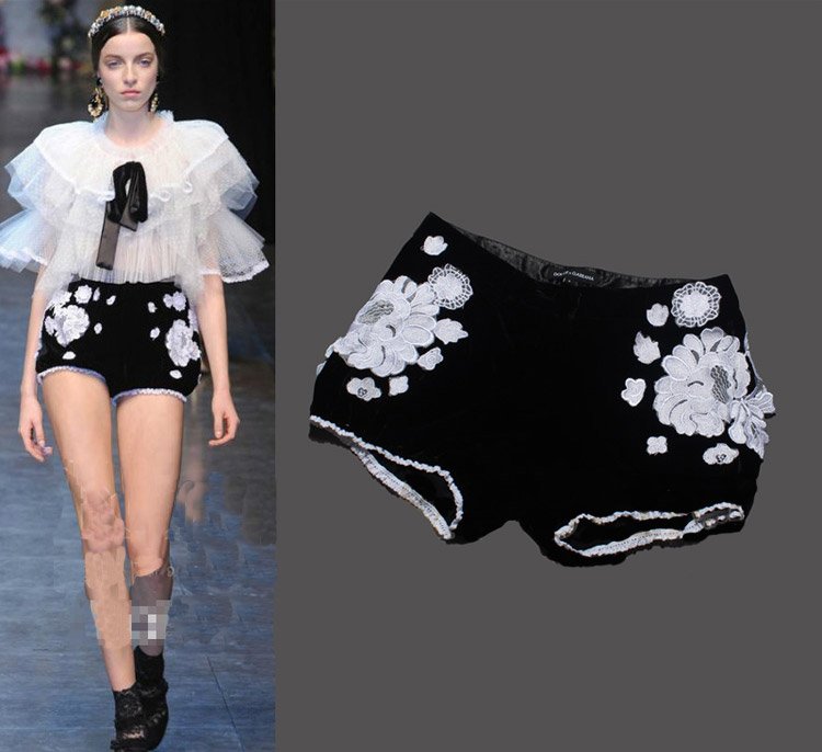 High New Luxurious Brand 2012 Catwalk Stylish Appliques Fashion Shorts Women Hot Velour Black Shorts SS12264
