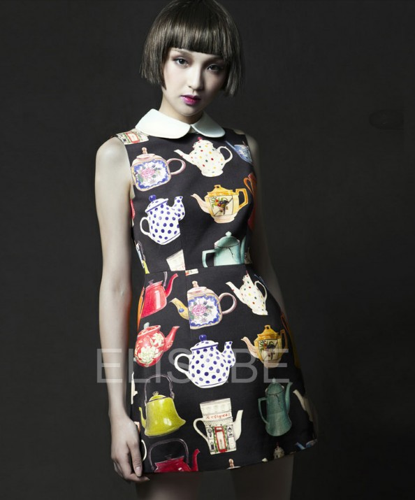 High New Luxurious Women Peter Pan Collar Kettle Printed Vintage Tank Dresses