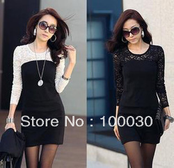 High quality 100% cotton Lady Long Sexy Lace Dress Silk Lace joining together Mini White, Black Free shipping 20138