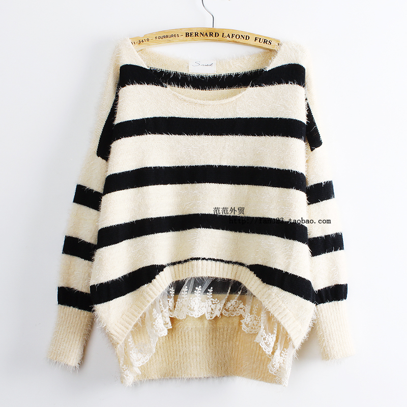High-quality 1107 shaggier classic stripe sweep lace decoration women's sweater
