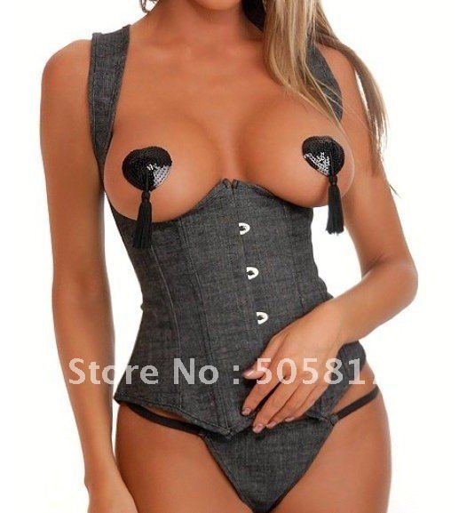 HIGH quality 15% OFF  Sexy black denim under bust corset  Women pary costume sexy bodusuit lingeries Wholesale retail QM840